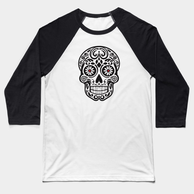 Mexican Skull with Flower Red Eyes Baseball T-Shirt by MC Digital Design